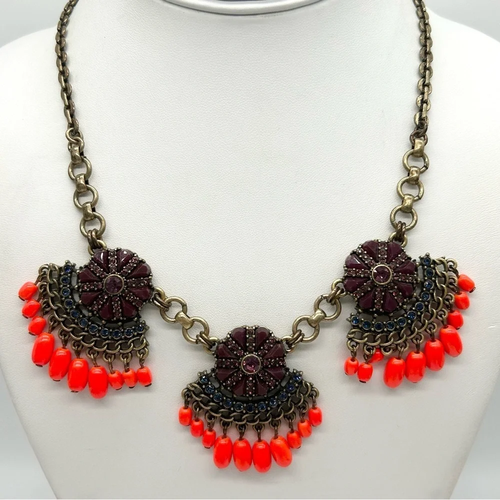 J. Crew Burgundy Blue Bright Coral/Orange Jeweled and Beaded Necklace
